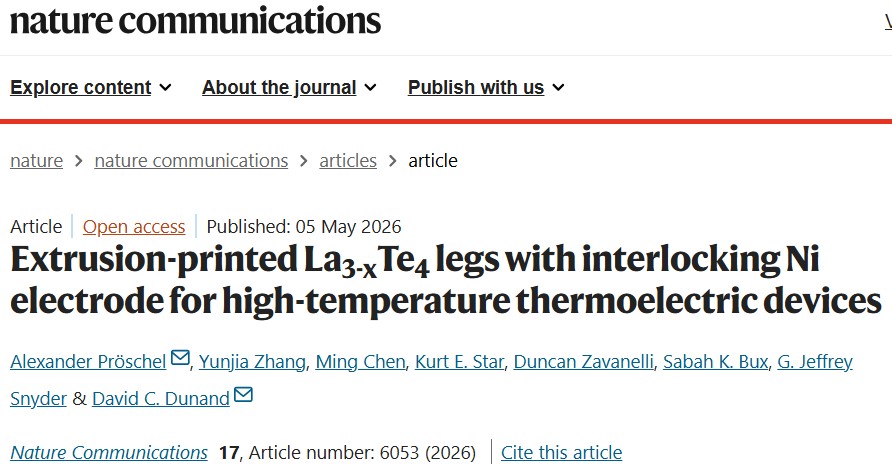 Paper snapshot: Extrusion-printed La3-xTe4 legs with interlocking Ni electrode for high-temperature thermoelectric devices